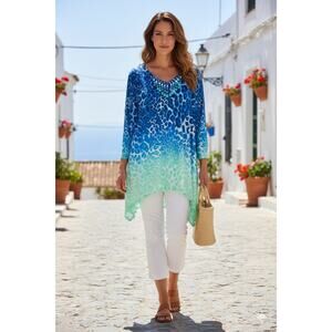 Ruby Rd Blue Print Tunic Blouse Animal Print Beaded Neckline Boho Artsy Size 2X